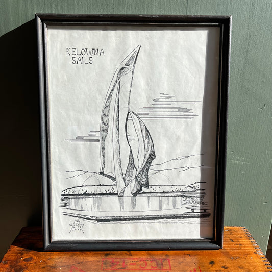 Vintage 1984 Kelowna Sails Framed Pen and Ink Drawing