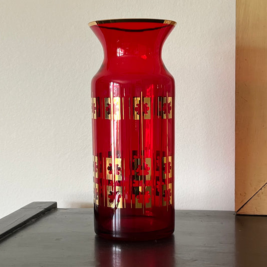 Vintage 60s Ruby and Gold Mid Century Glass Vase