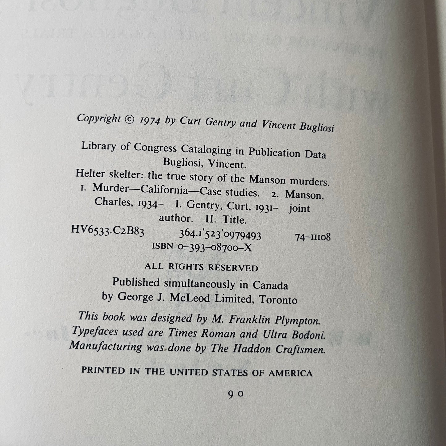 Vintage 1974 Helter Skelter by Vincent Bugliosi Hardcover Book