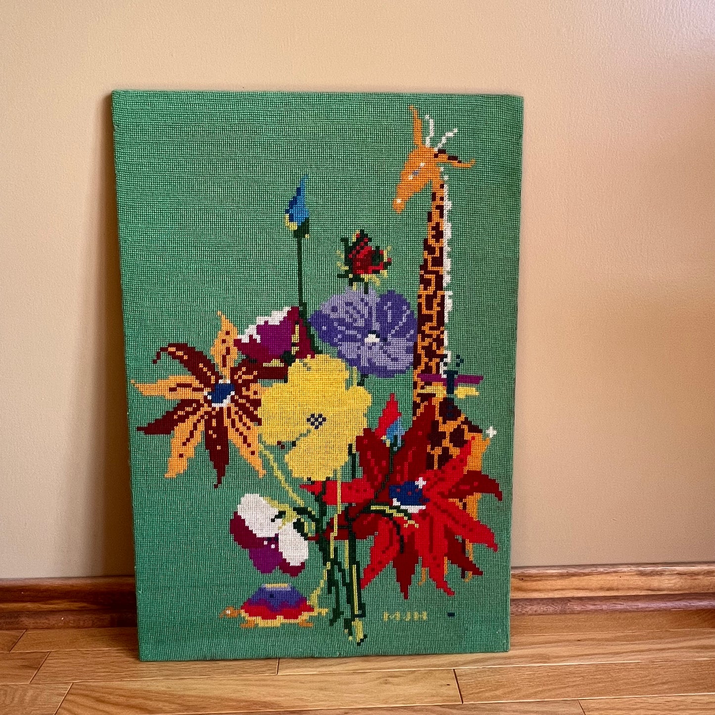 Vintage Floral and Giraffe Knit Needlepoint Cross Stitch Artwork