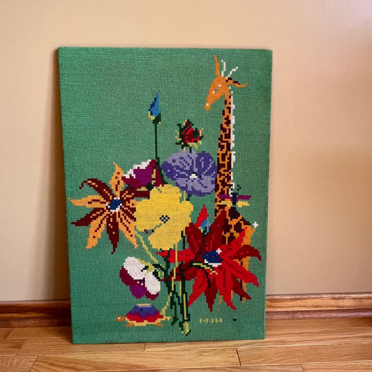 Vintage Floral and Giraffe Knit Needlepoint Cross Stitch Artwork