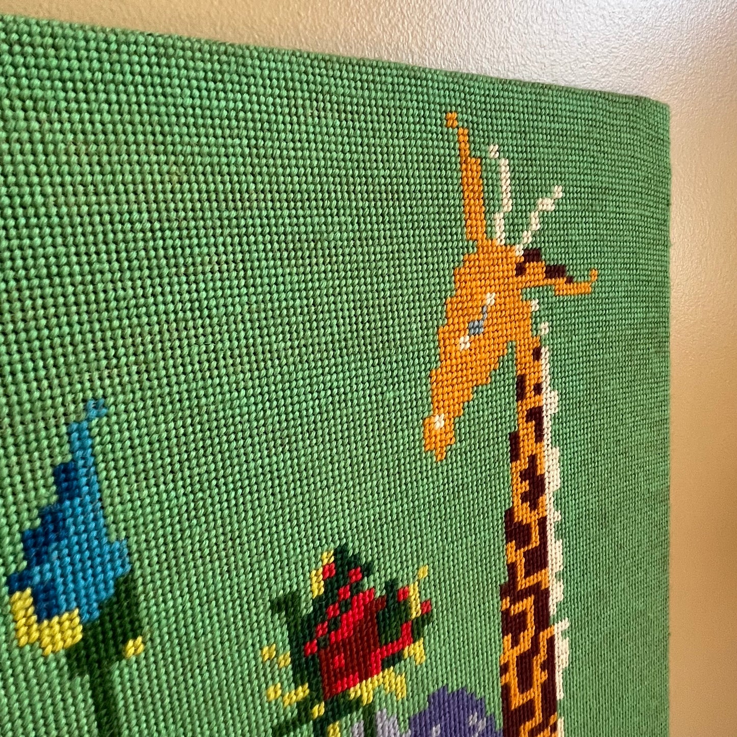 Vintage Floral and Giraffe Knit Needlepoint Cross Stitch Artwork