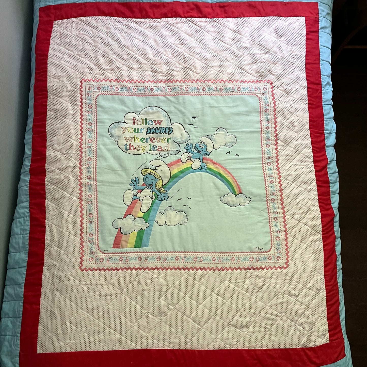 Vintage Handmade Smurfs Quilt