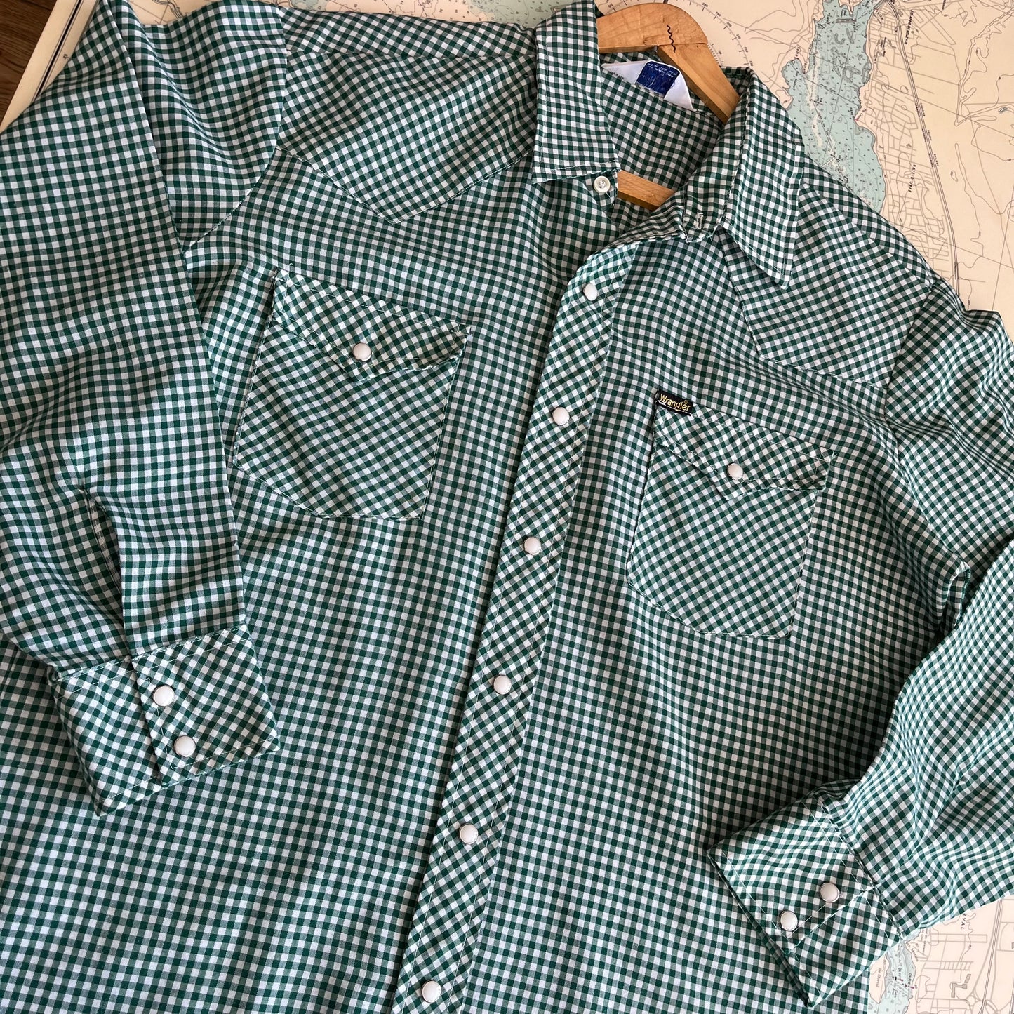 Vintage Wrangler Western Green and White Gingham Button Up Shirt