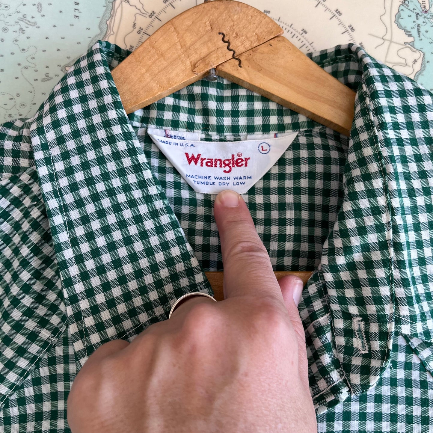 Vintage Wrangler Western Green and White Gingham Button Up Shirt