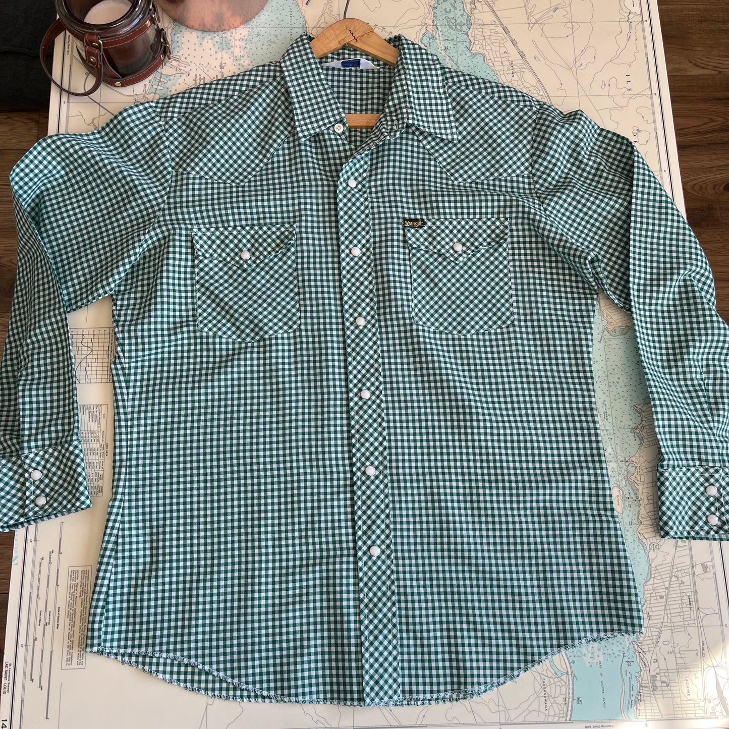 Vintage Wrangler Western Green and White Gingham Button Up Shirt