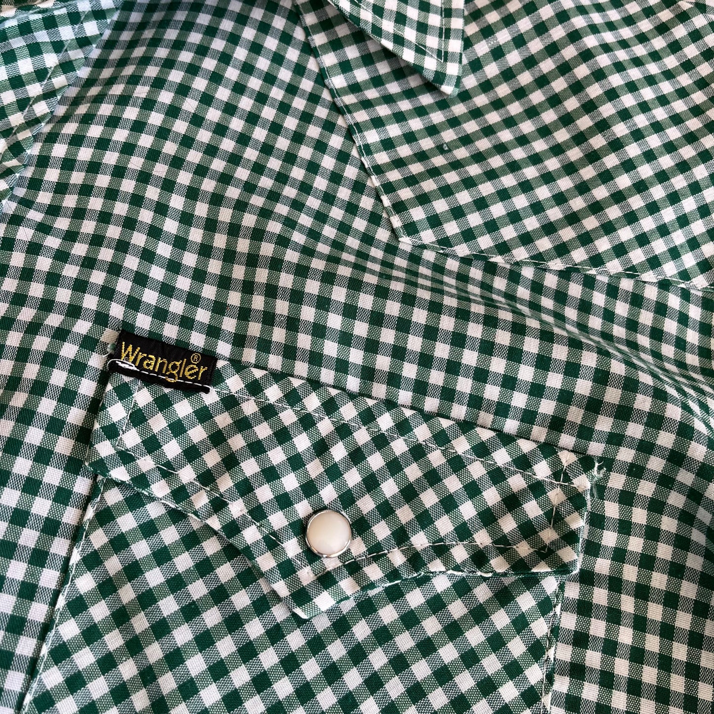 Vintage Wrangler Western Green and White Gingham Button Up Shirt