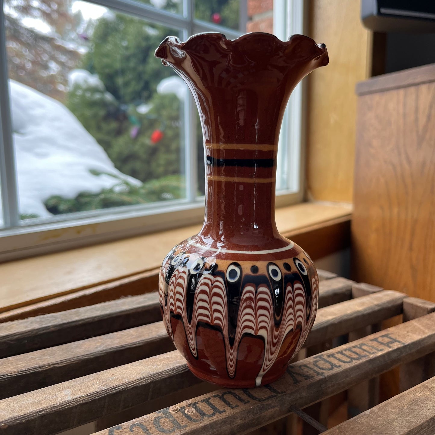 Vintage Bulgarian Redware Triptych Vase with Ruffled Edge