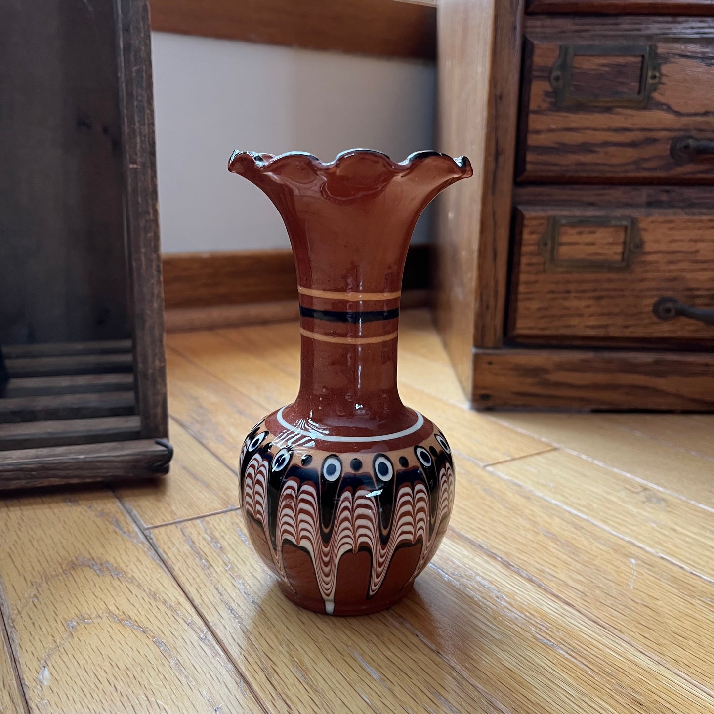 Vintage Bulgarian Redware Triptych Vase with Ruffled Edge