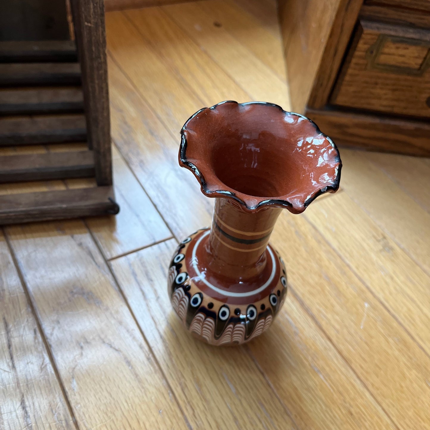 Vintage Bulgarian Redware Triptych Vase with Ruffled Edge