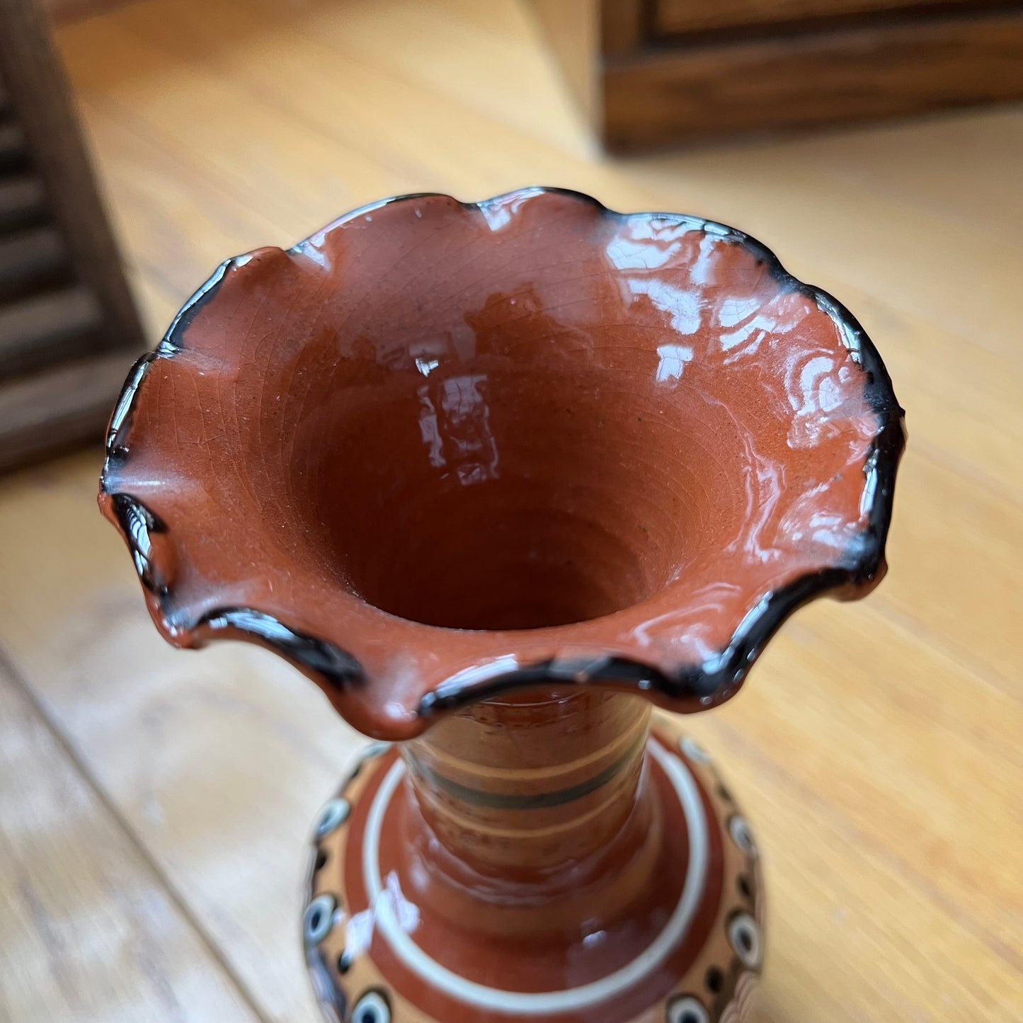 Vintage Bulgarian Redware Triptych Vase with Ruffled Edge