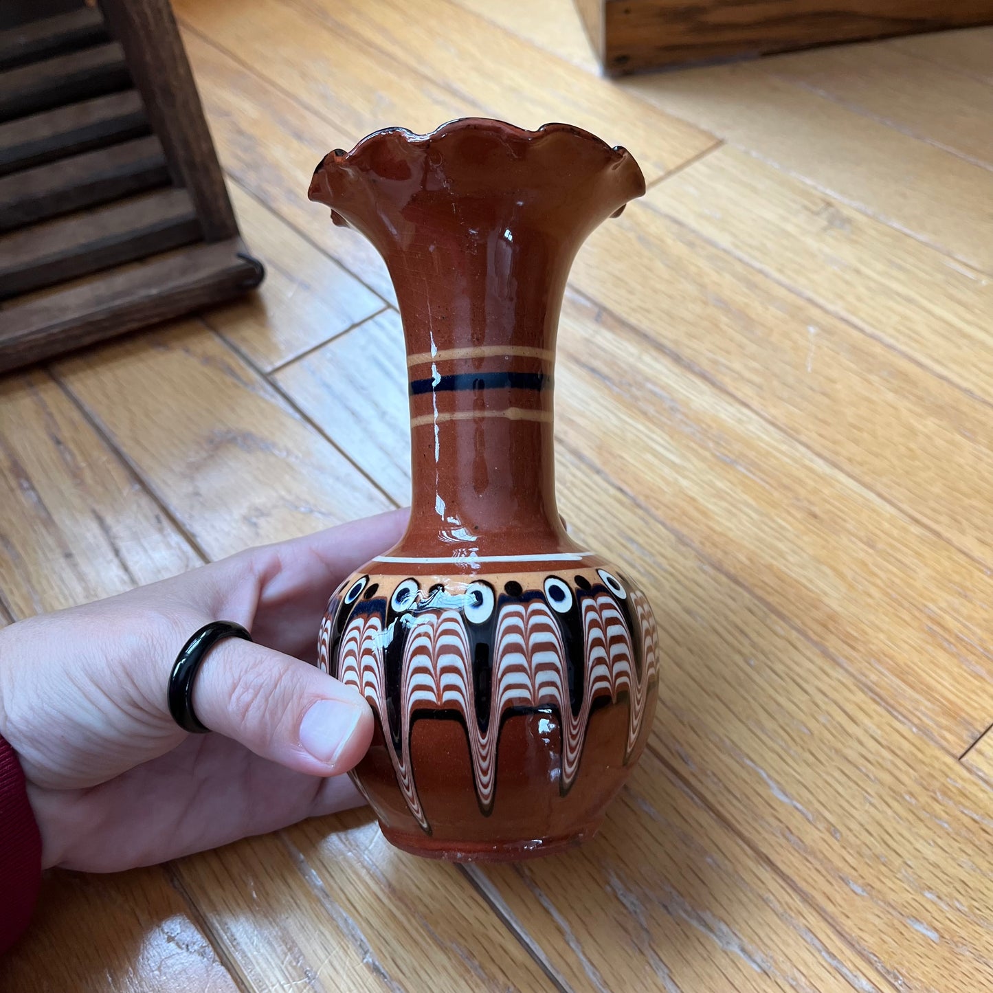 Vintage Bulgarian Redware Triptych Vase with Ruffled Edge