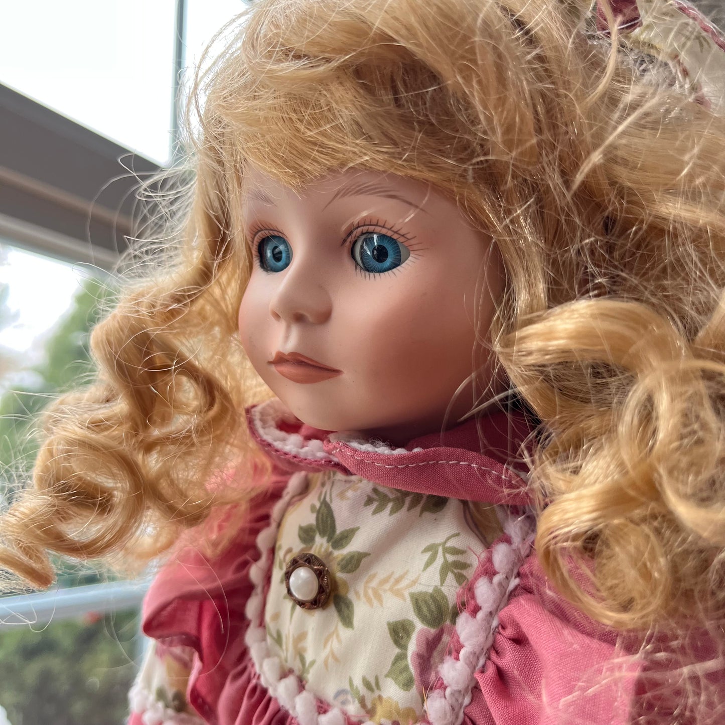 Vintage 90s Porcelain Doll with Pink Dress