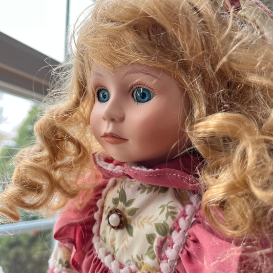 Vintage 90s Porcelain Doll with Pink Dress