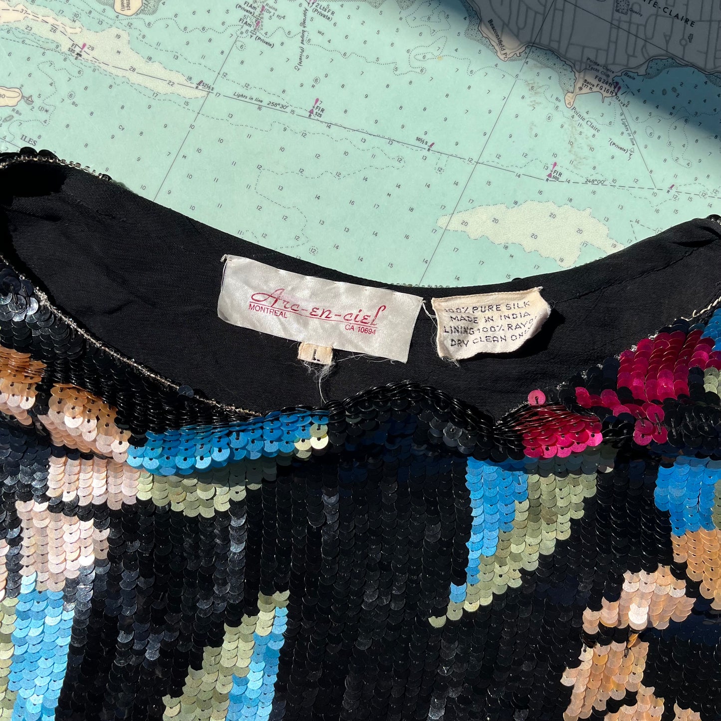 Vintage Black Floral Silk Sequin Arc - En - Ciel Blouse L