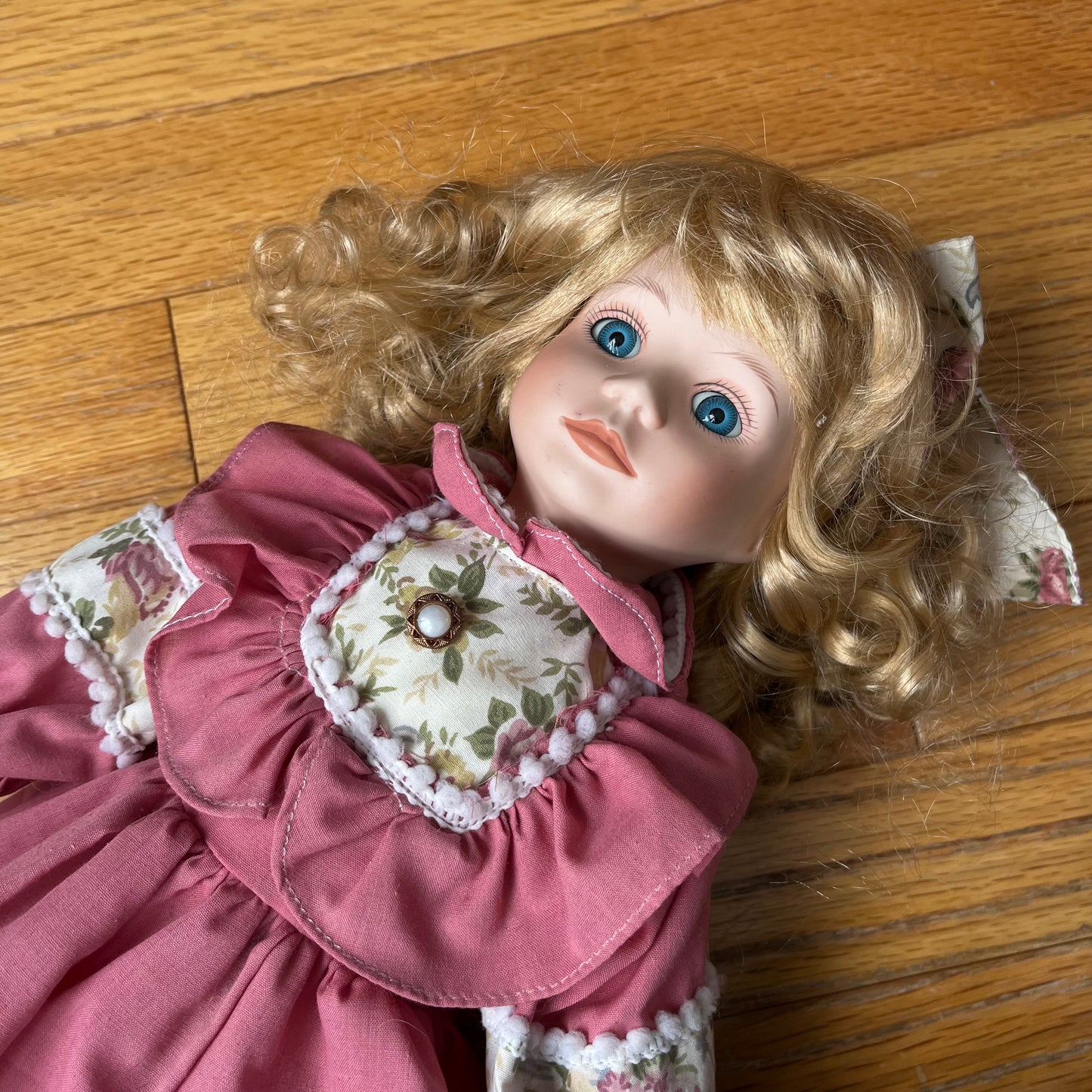 Vintage 90s Porcelain Doll with Pink Dress