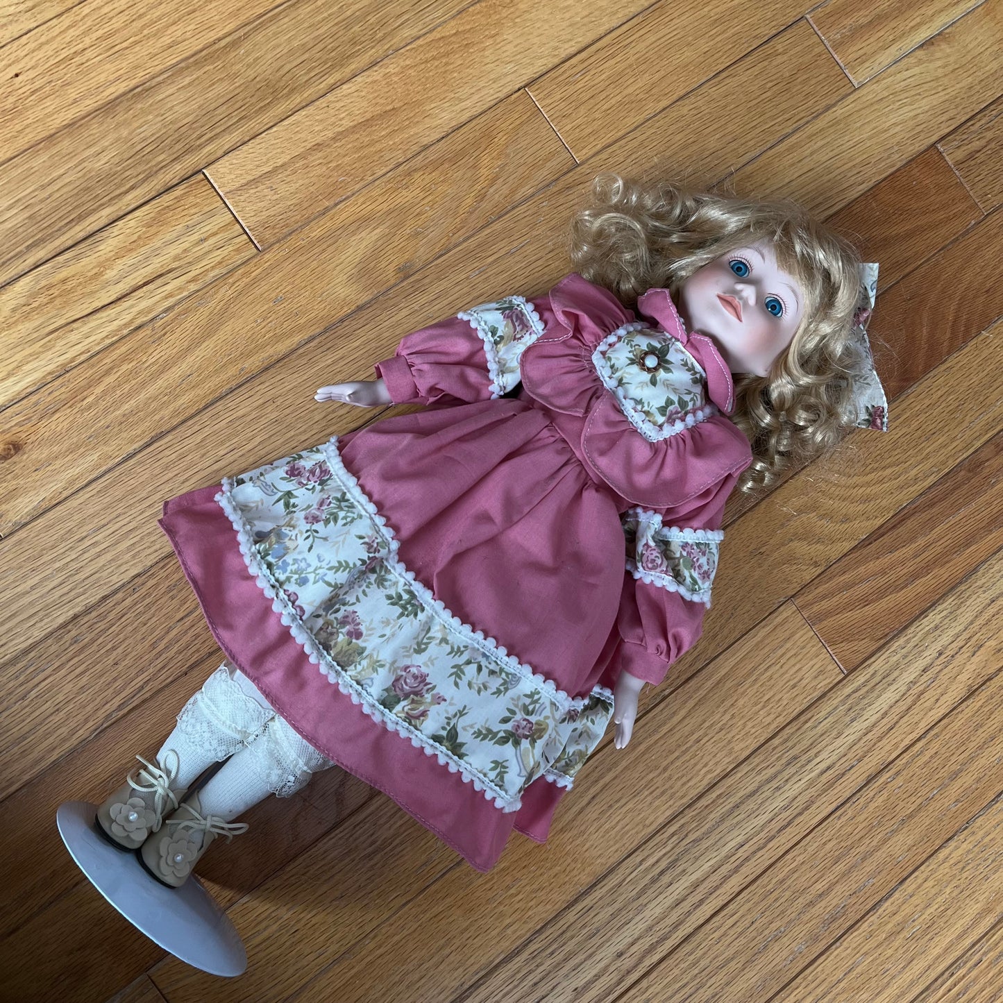 Vintage 90s Porcelain Doll with Pink Dress