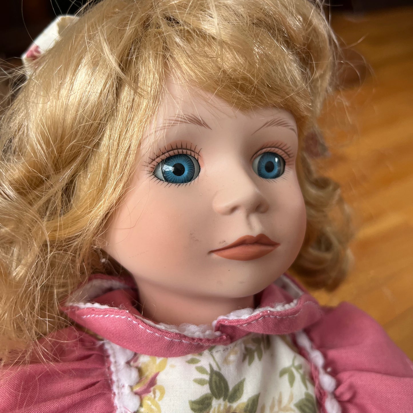 Vintage 90s Porcelain Doll with Pink Dress