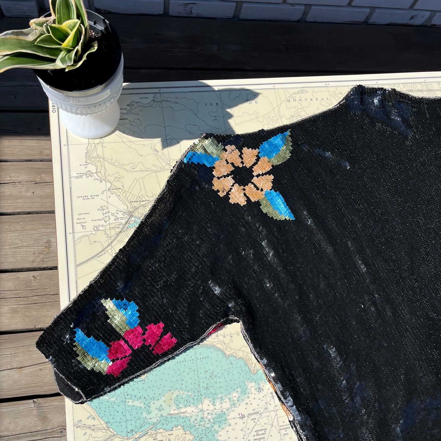 Vintage Black Floral Silk Sequin Arc - En - Ciel Blouse L