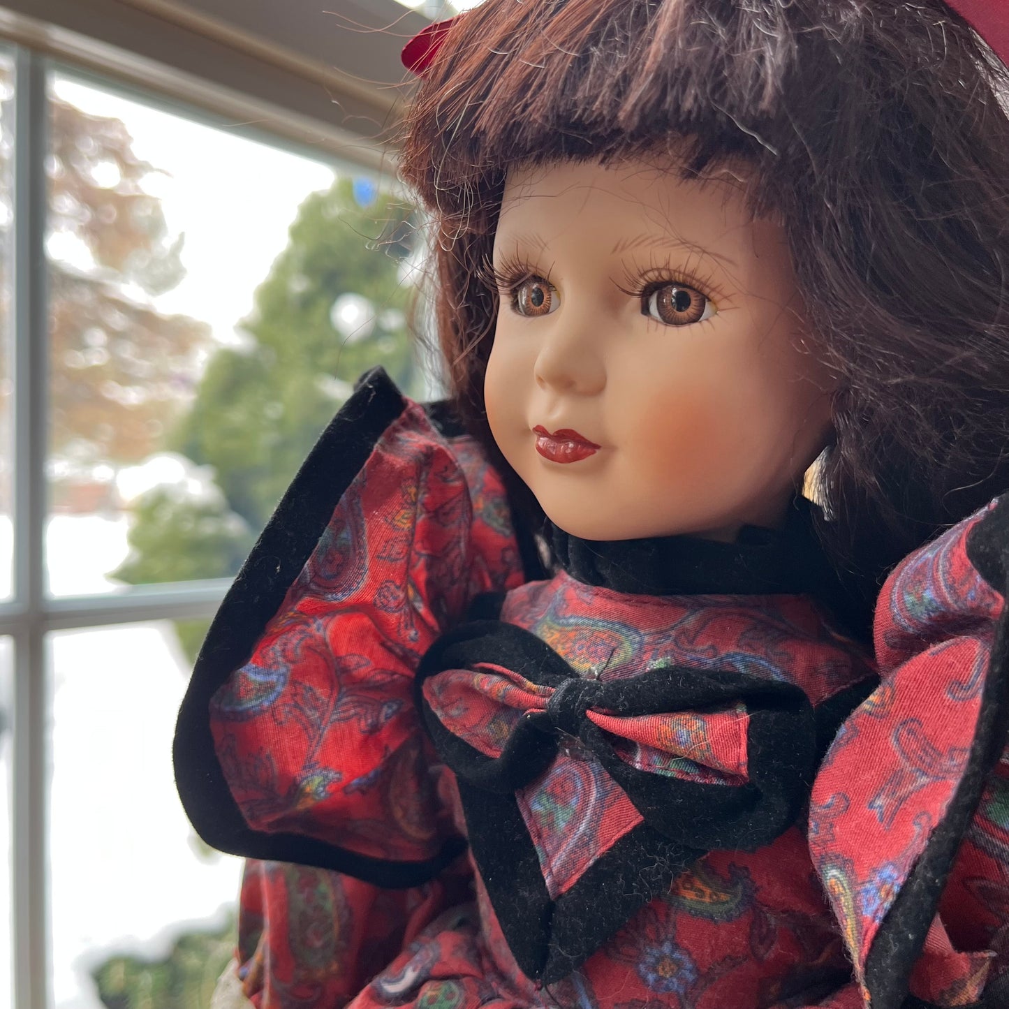 Vintage 90s Porcelain Doll with Paisley Dress