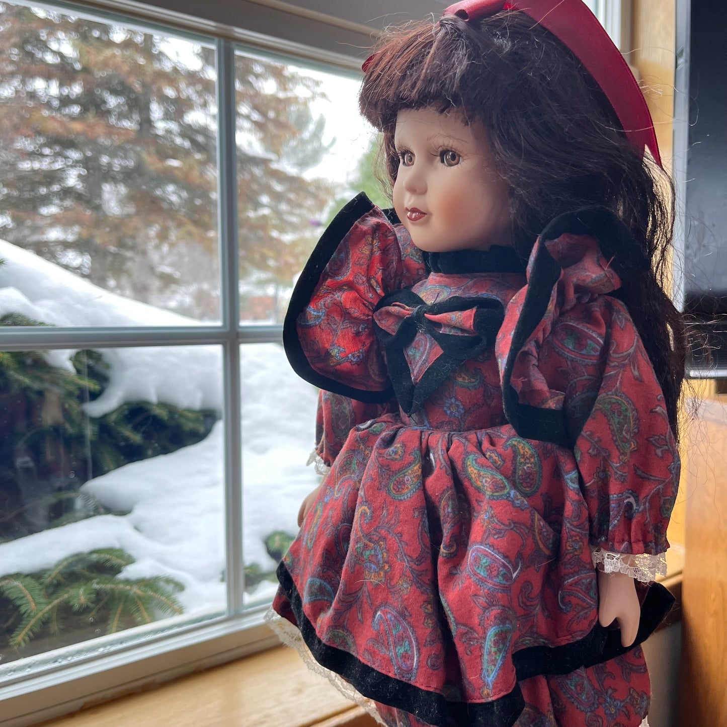 Vintage 90s Porcelain Doll with Paisley Dress