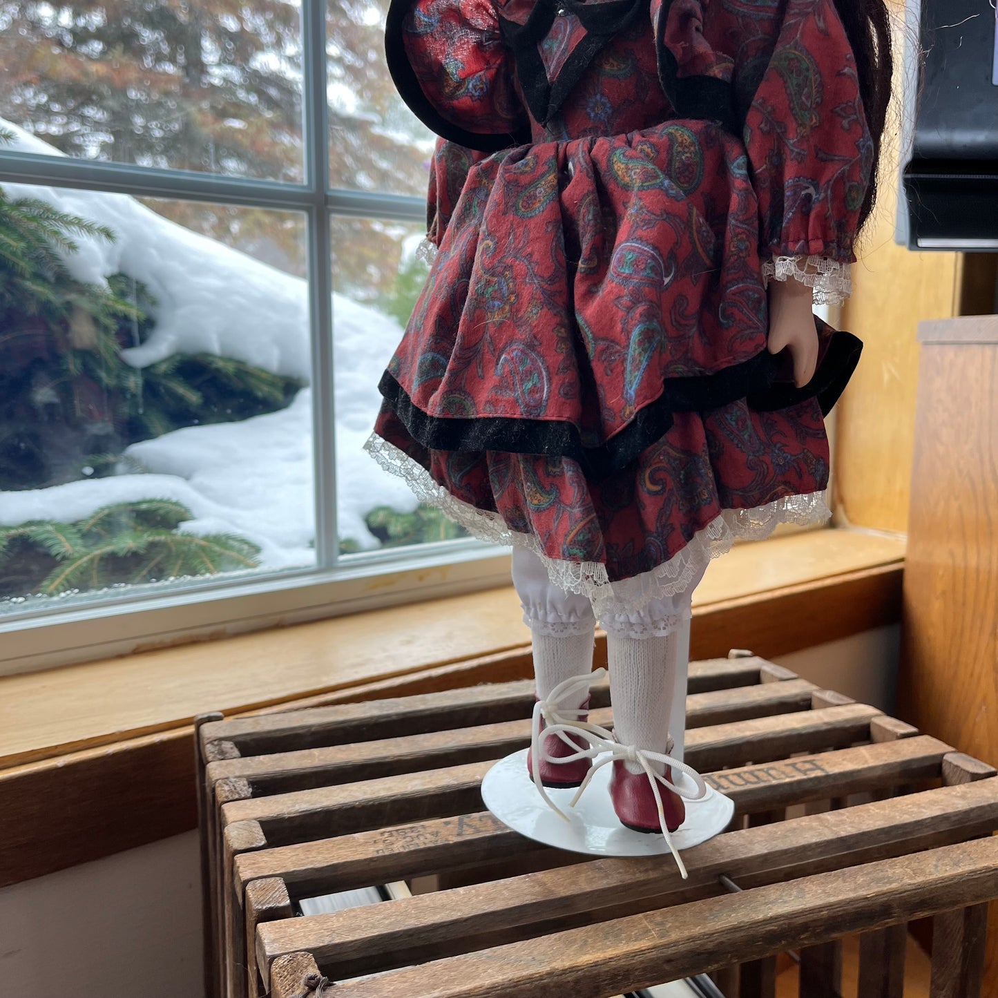 Vintage 90s Porcelain Doll with Paisley Dress