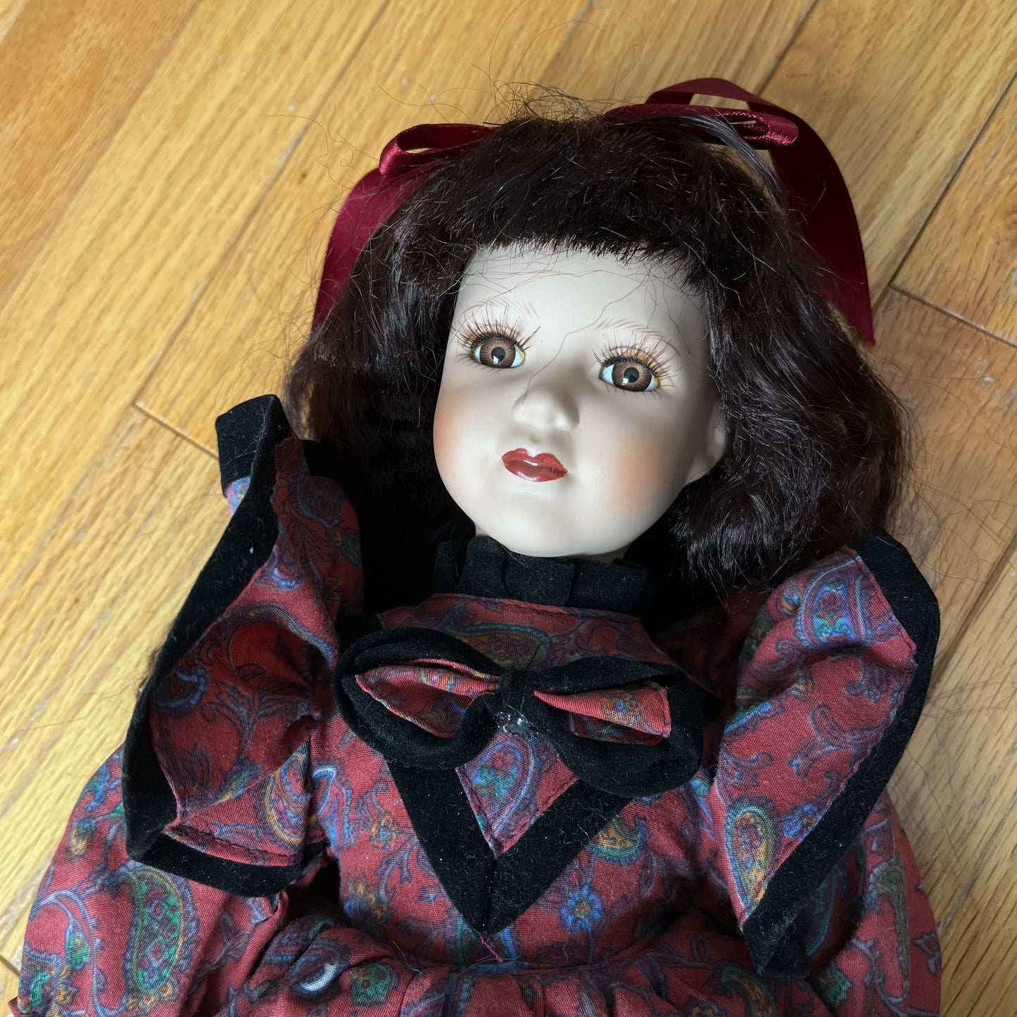 Vintage 90s Porcelain Doll with Paisley Dress