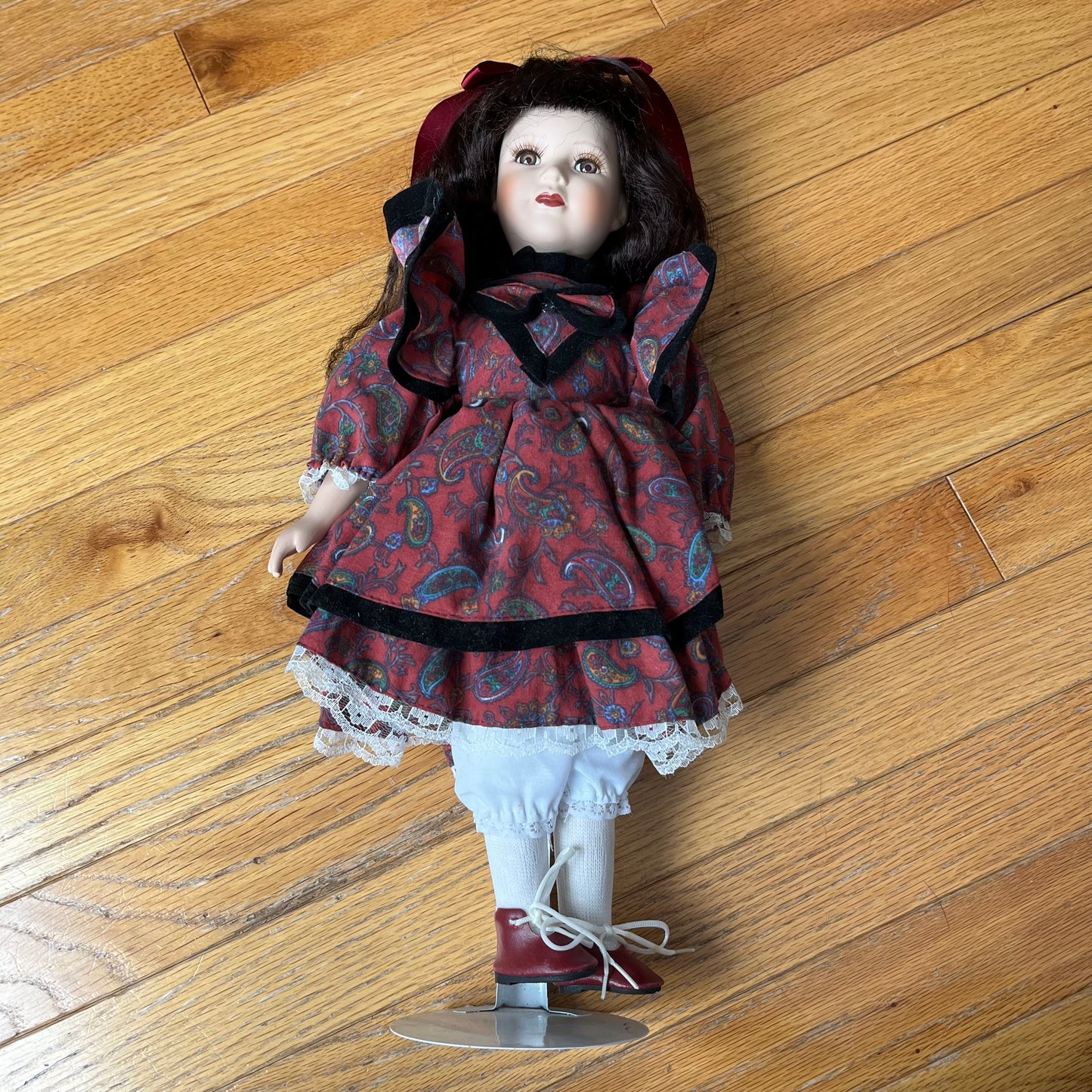 Vintage 90s Porcelain Doll with Paisley Dress