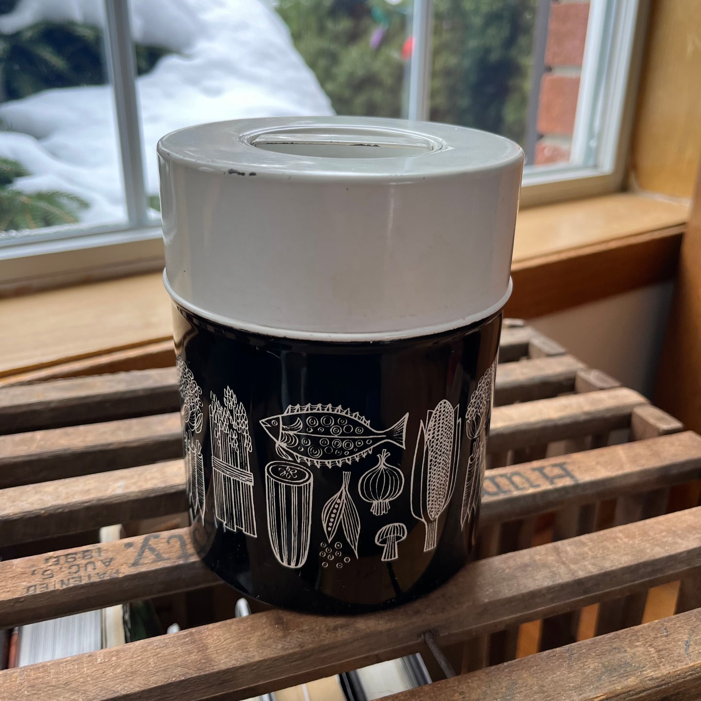 Vintage Mid Century Modern Black and White Graphic Tin Canister