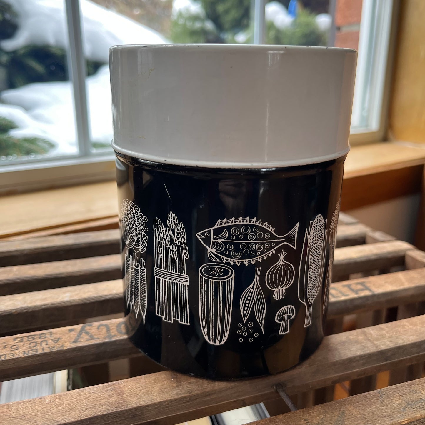 Vintage Mid Century Modern Black and White Graphic Tin Canister