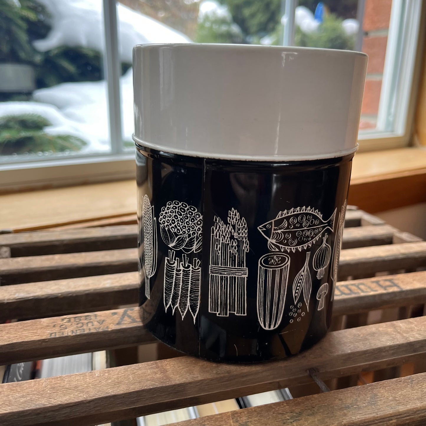 Vintage Mid Century Modern Black and White Graphic Tin Canister