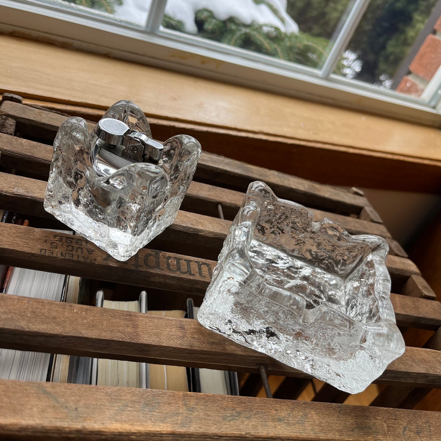 Vintage Whitefriars Glass Ice Block TableTop Lighter and Ashtray