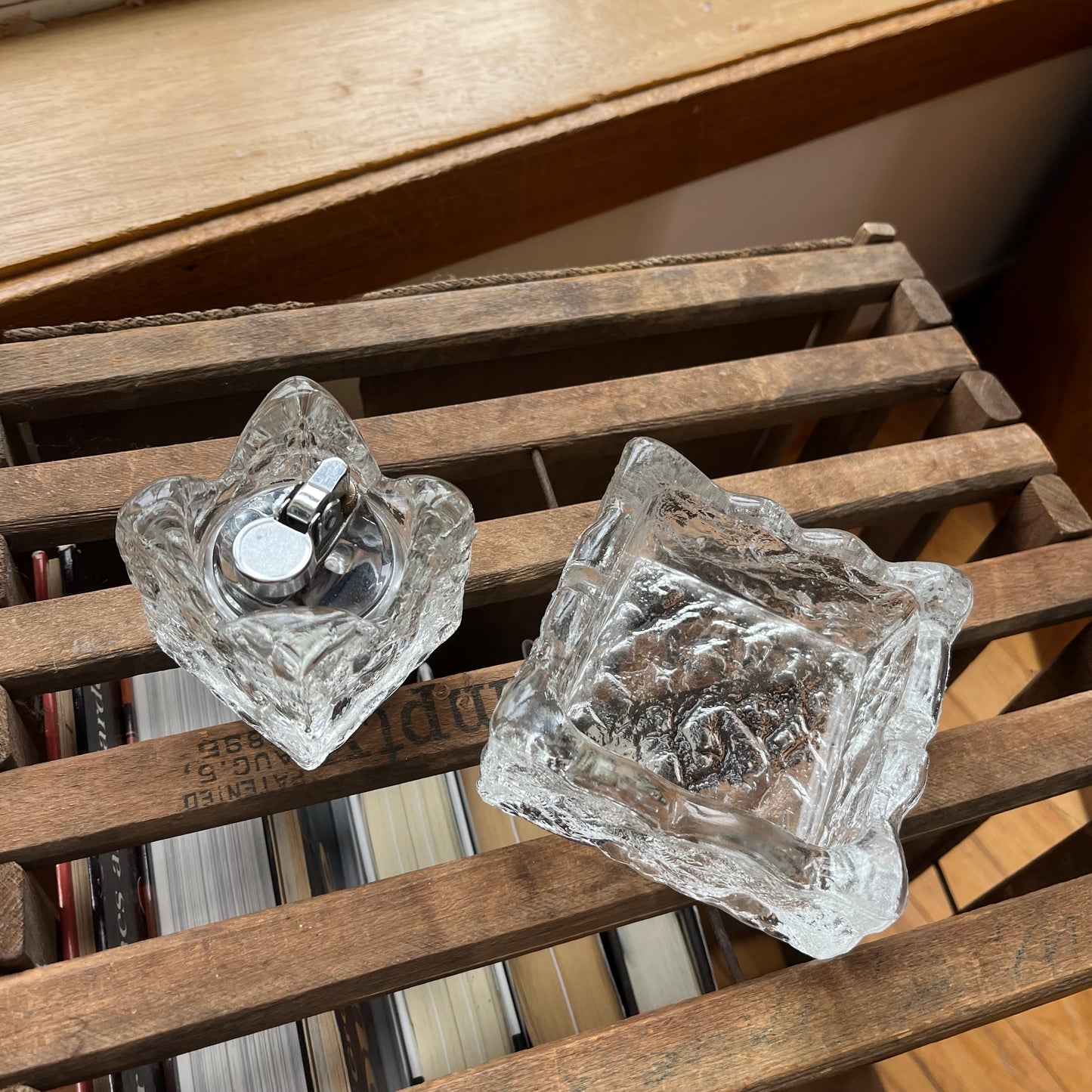 Vintage Whitefriars Glass Ice Block TableTop Lighter and Ashtray