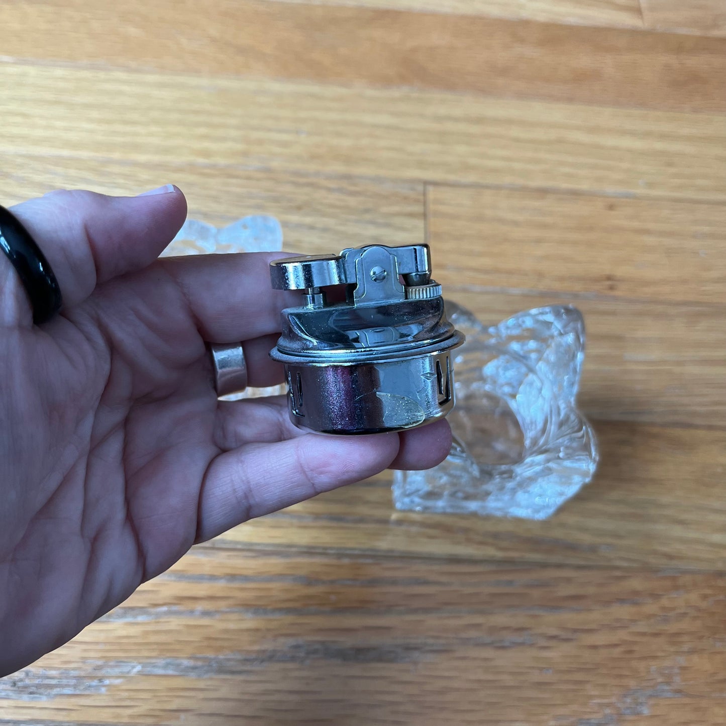 Vintage Whitefriars Glass Ice Block TableTop Lighter and Ashtray