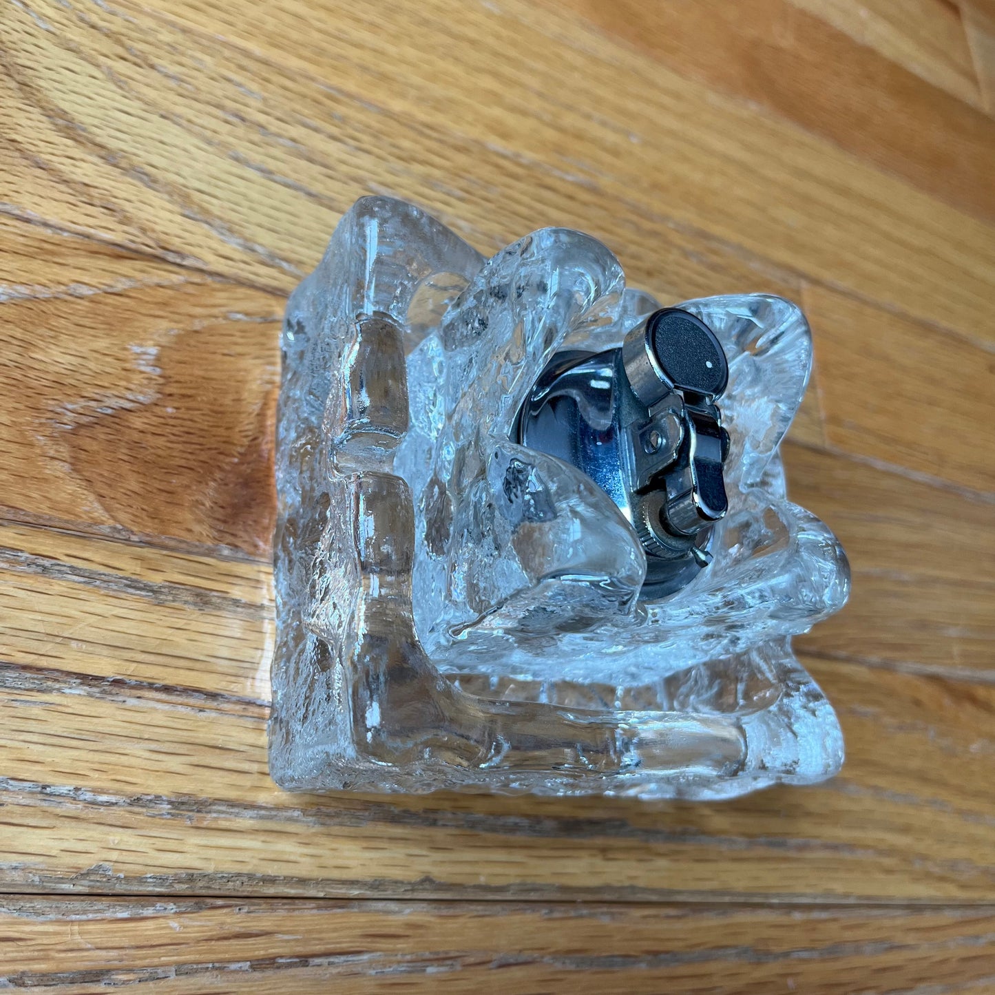 Vintage Whitefriars Glass Ice Block TableTop Lighter and Ashtray