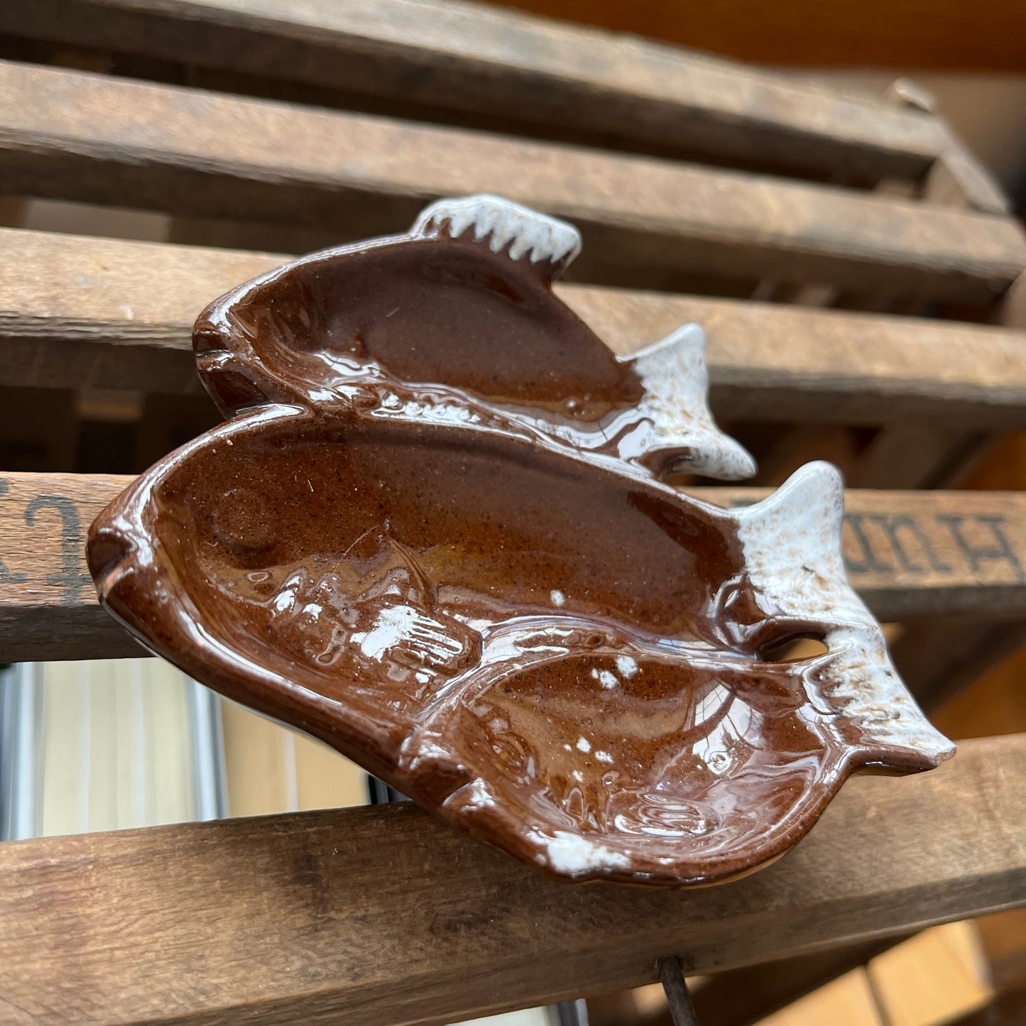 Vintage Evangeline Pottery Brown Fish Trinket Dish