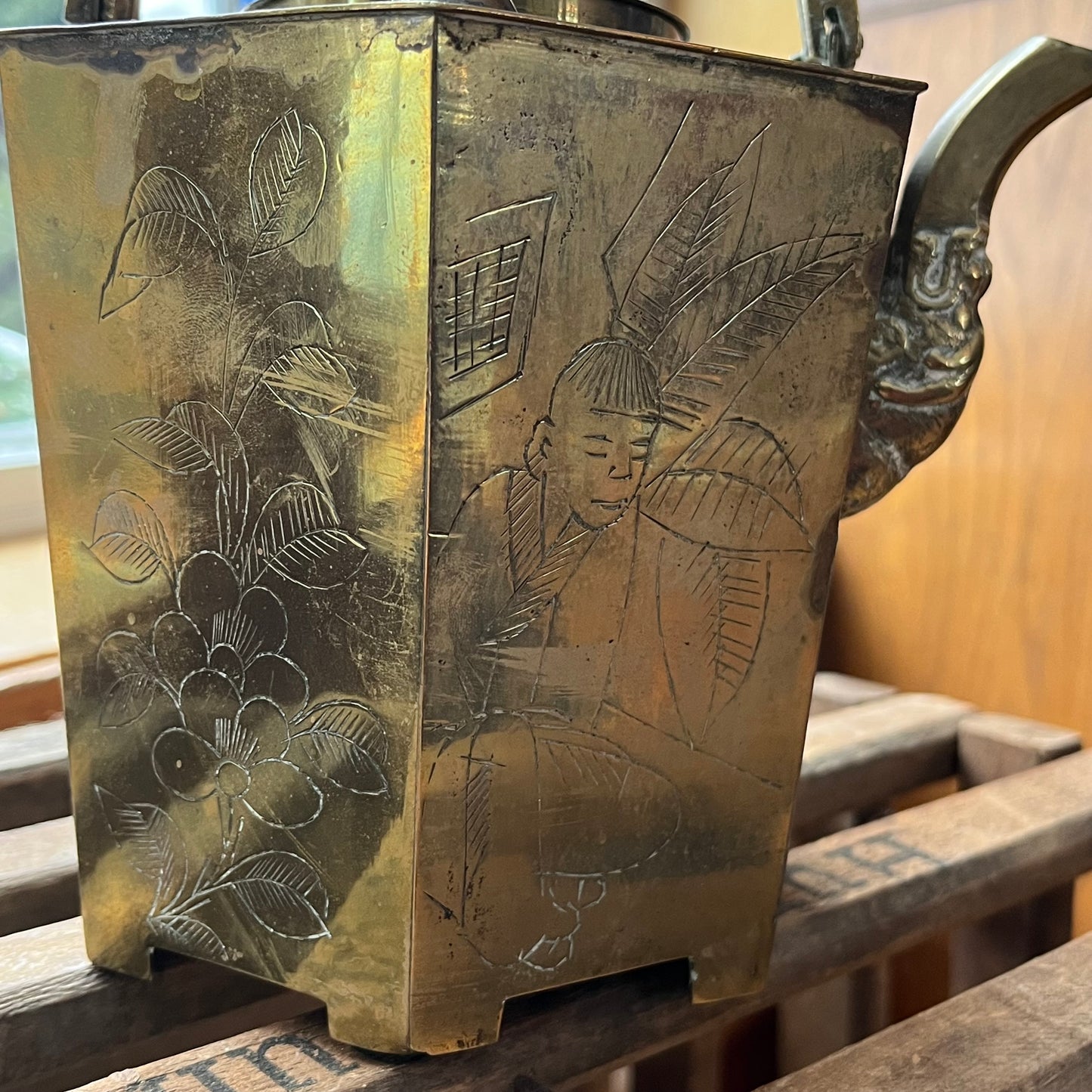 Vintage Etched Brass Chinese Teapot