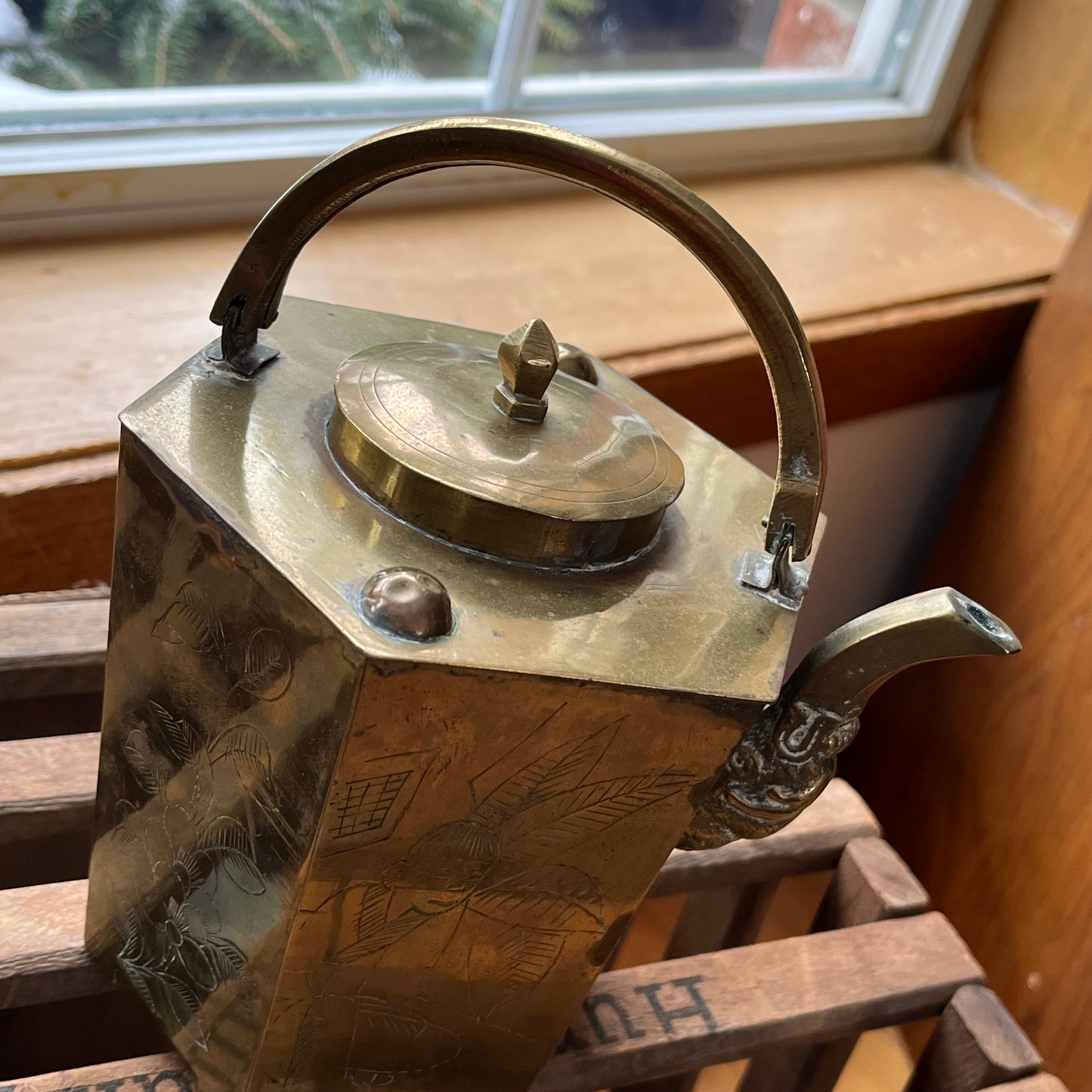 Vintage Etched Brass Chinese Teapot