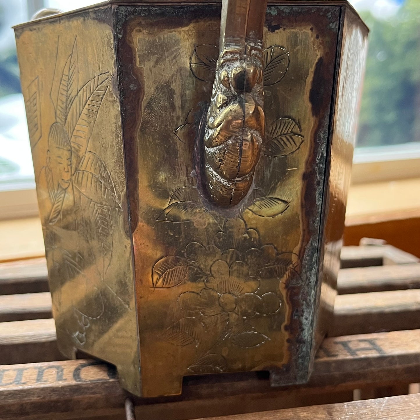 Vintage Etched Brass Chinese Teapot
