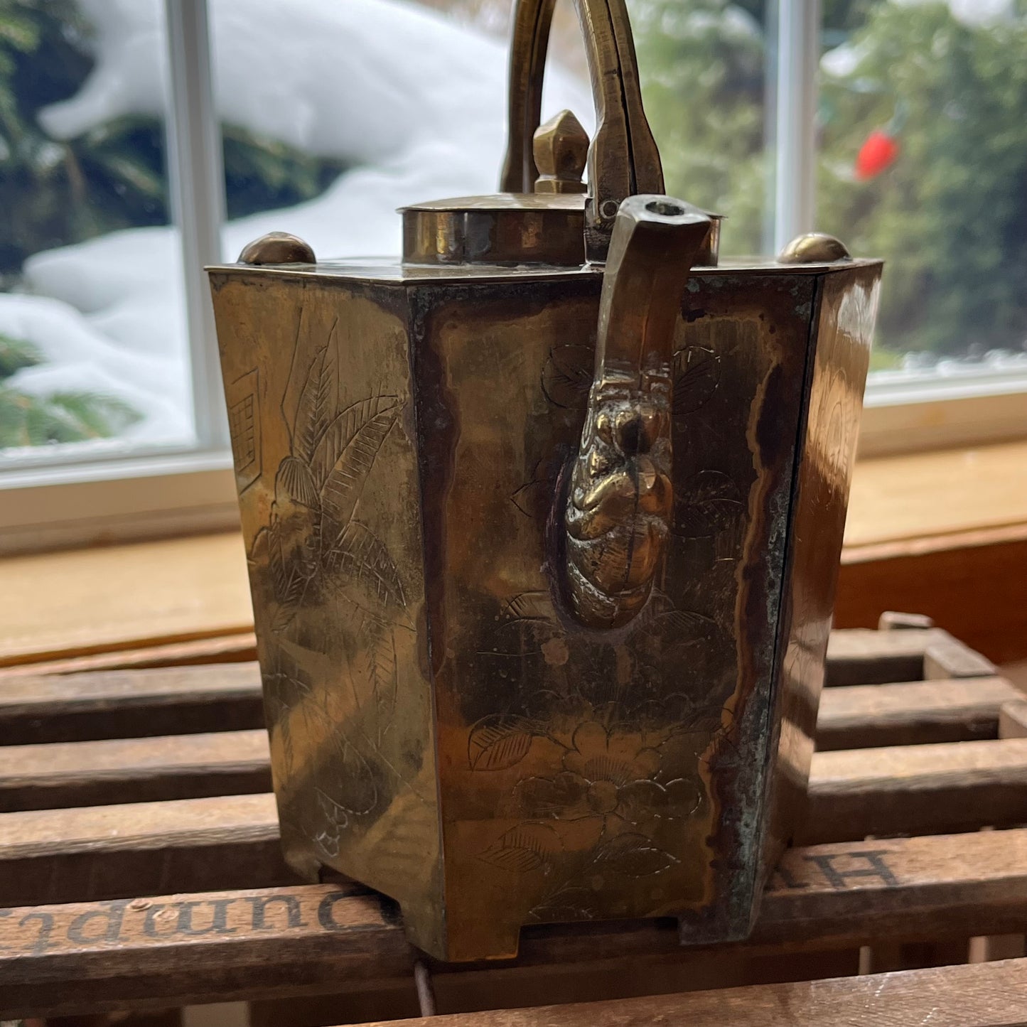 Vintage Etched Brass Chinese Teapot