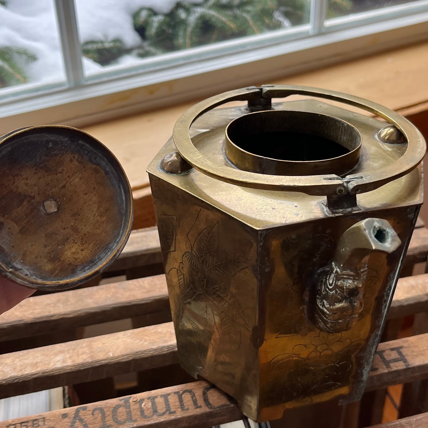 Vintage Etched Brass Chinese Teapot