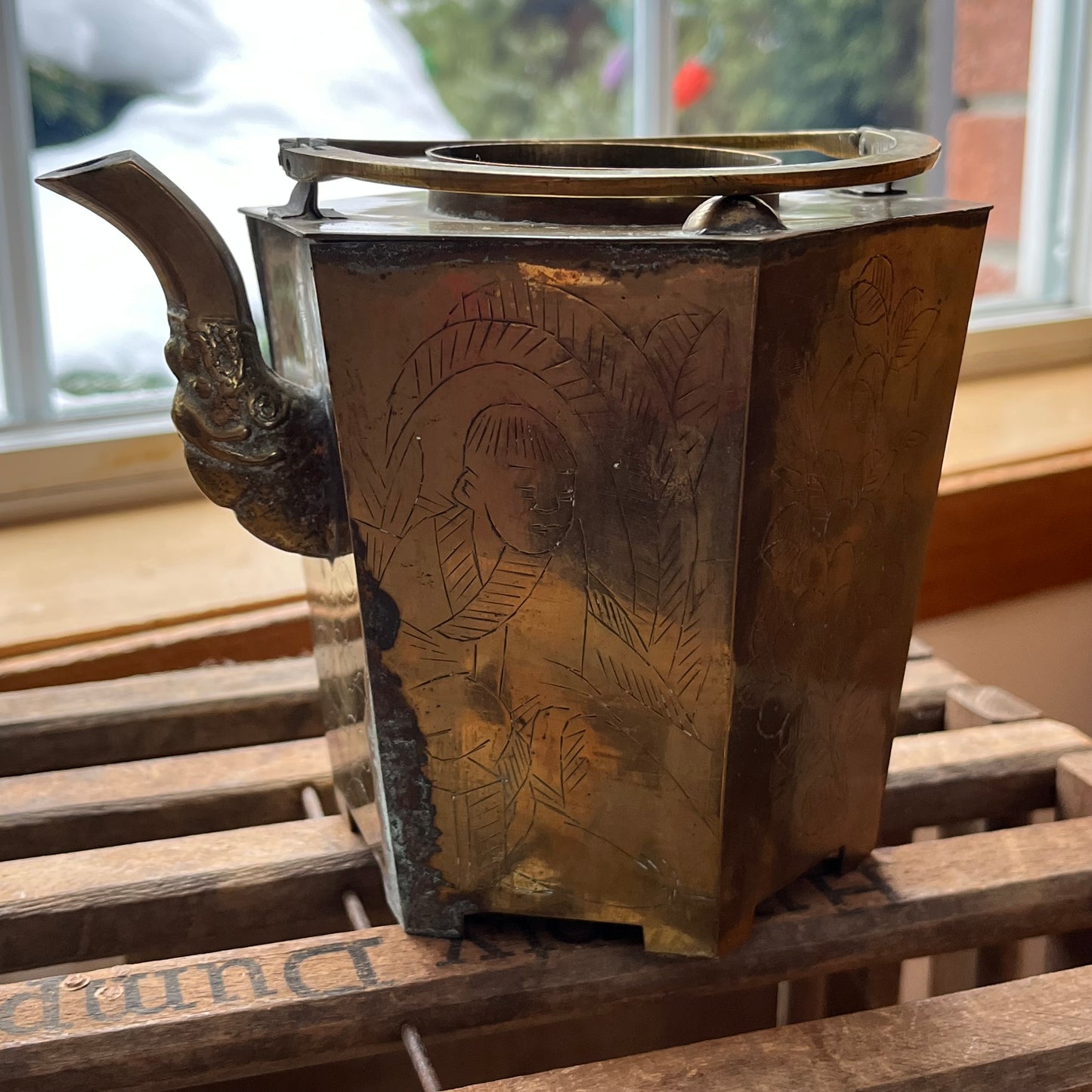 Vintage Etched Brass Chinese Teapot