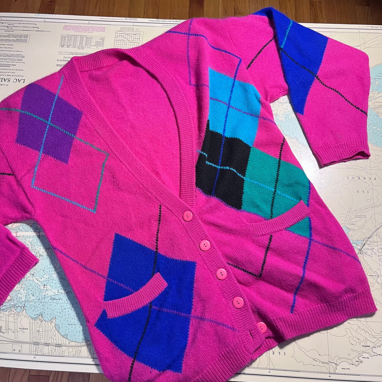Vintage Pink Argyle Cardigan with Shoulder Pads
