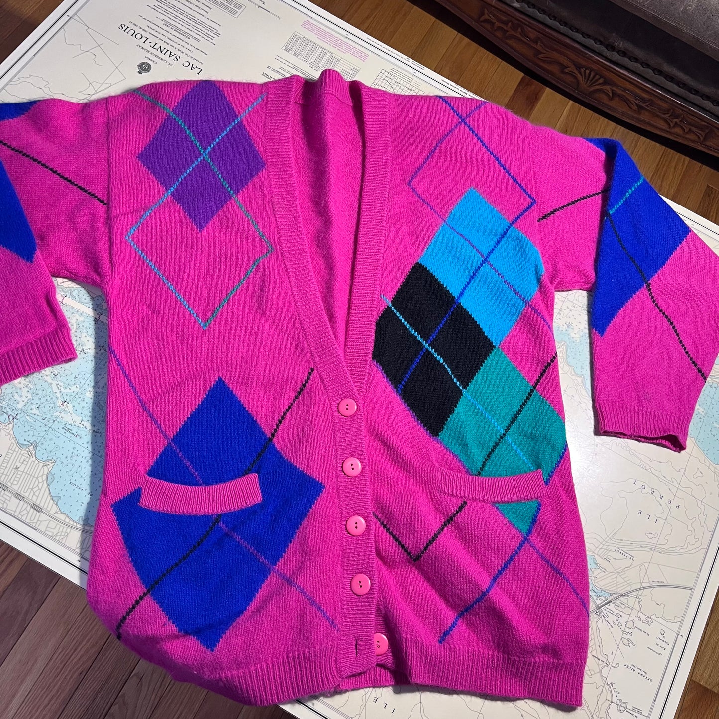 Vintage Pink Argyle Cardigan with Shoulder Pads
