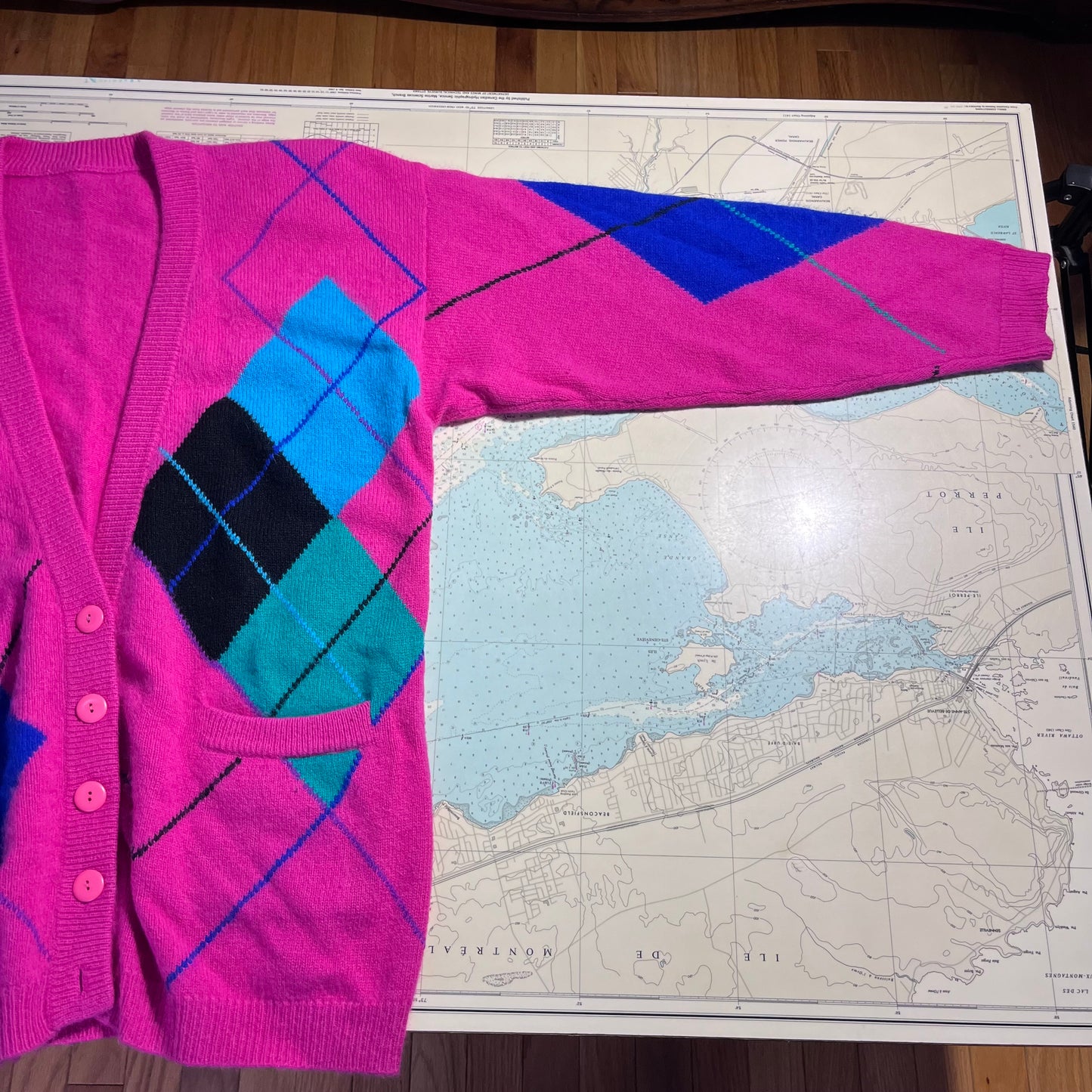 Vintage Pink Argyle Cardigan with Shoulder Pads