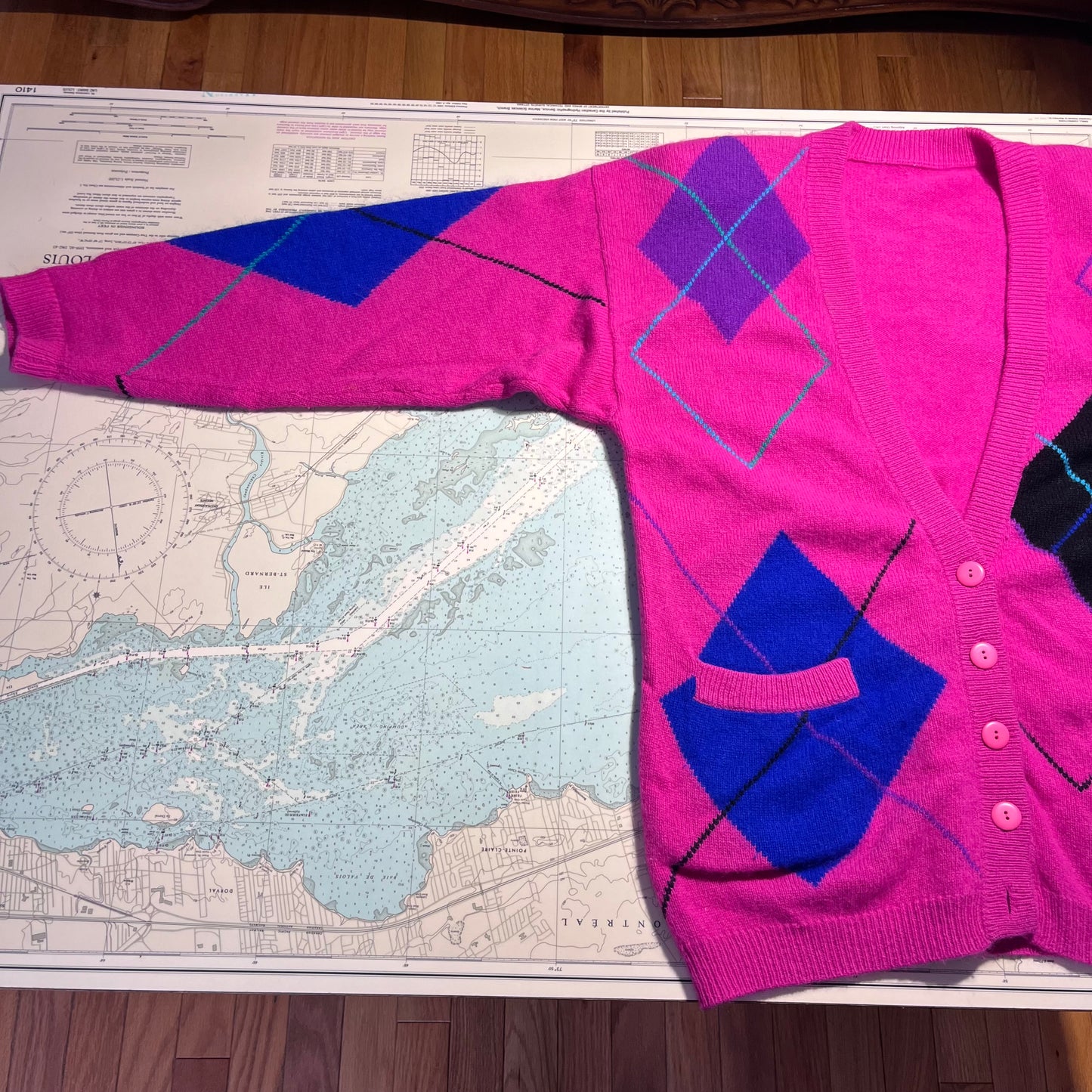 Vintage Pink Argyle Cardigan with Shoulder Pads