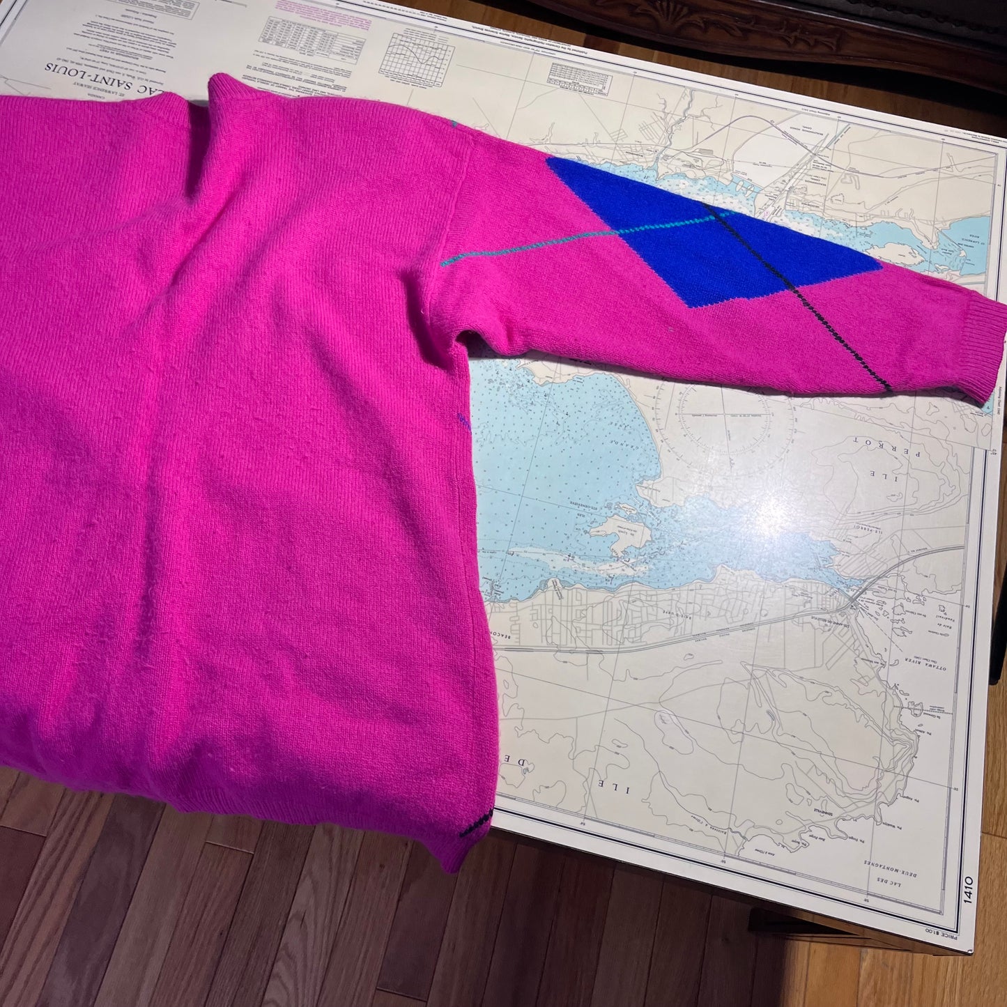 Vintage Pink Argyle Cardigan with Shoulder Pads