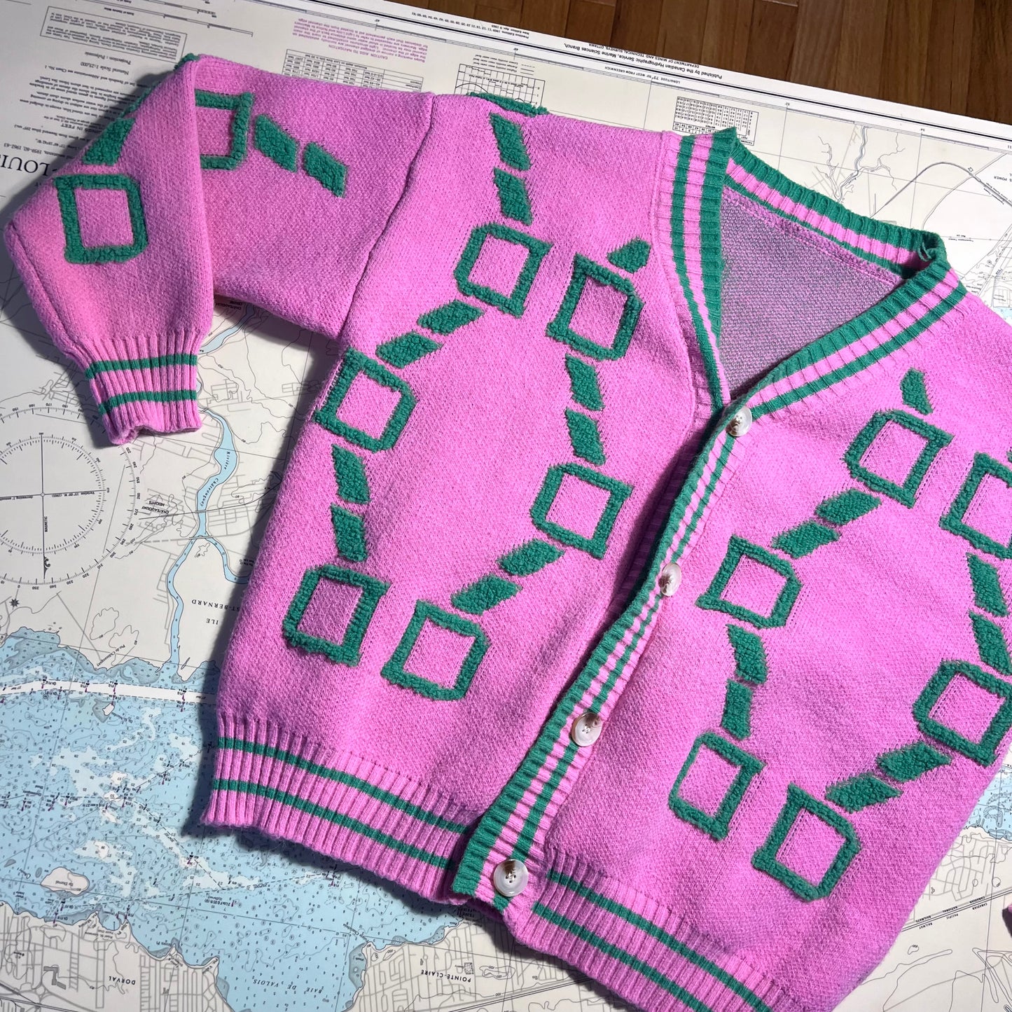 Vintage Pink and Green Geo Knit Cardigan Sweater