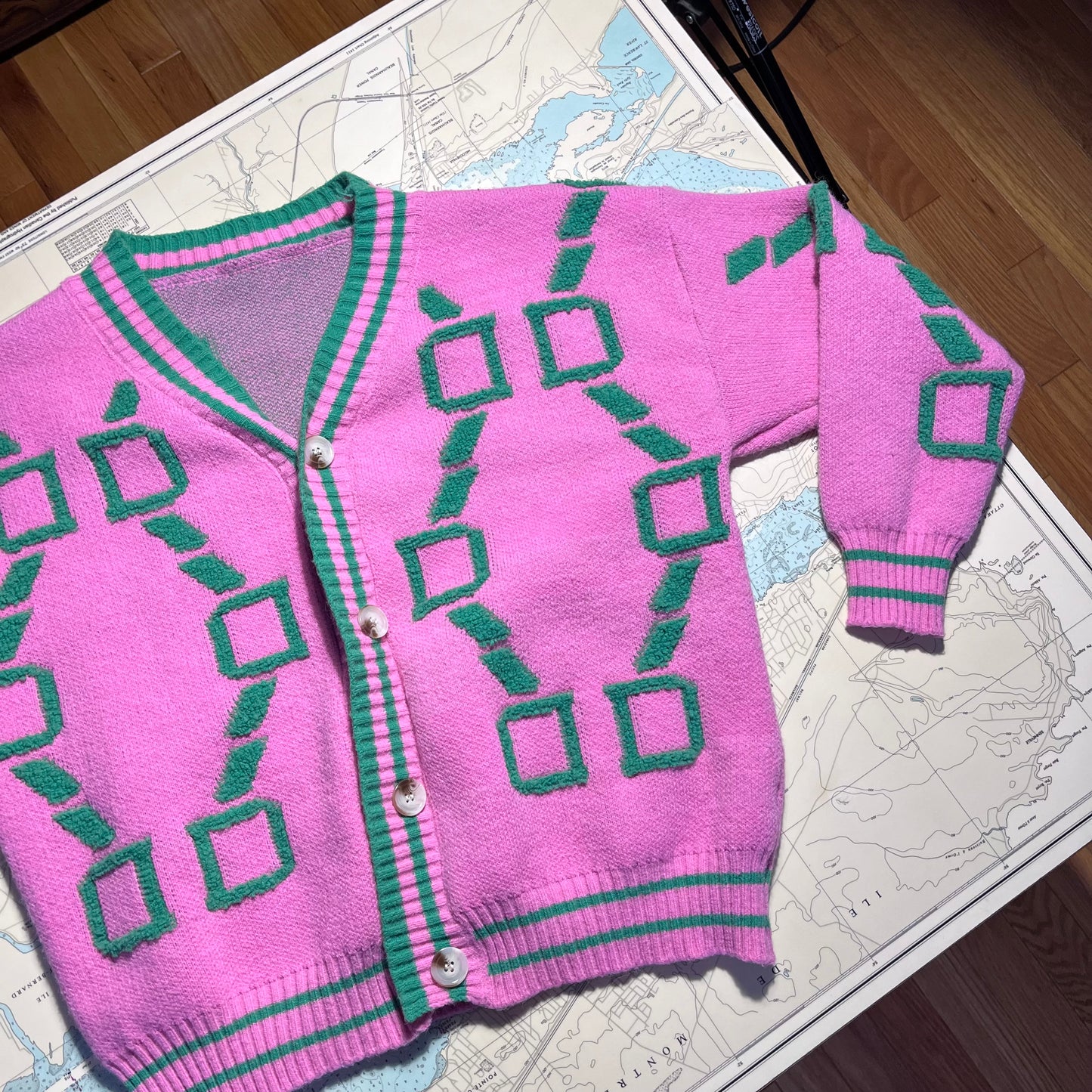 Vintage Pink and Green Geo Knit Cardigan Sweater