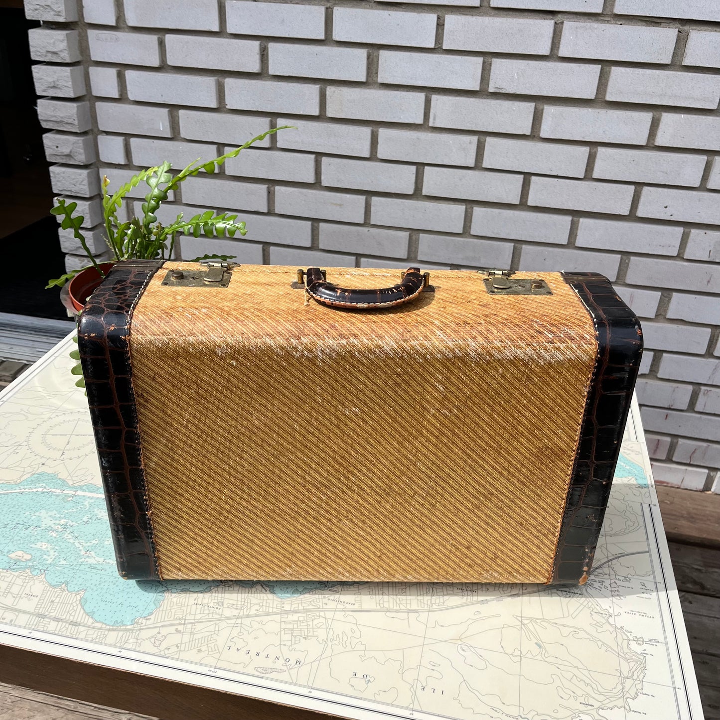 Vintage 40s Tweed JCE Suitcase with Leather Trimming